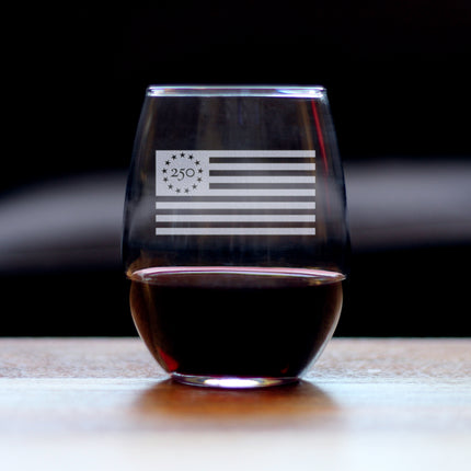 Freedom 250 Flag Logo Engraved Stemless Wine Glass - 15 oz Official USA 250th Anniversary Merch