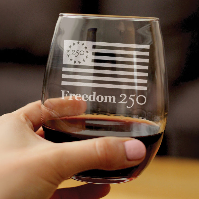 Freedom 250 Logo Engraved Stemless Wine Glass - 15 oz Official USA 250th Anniversary Merch