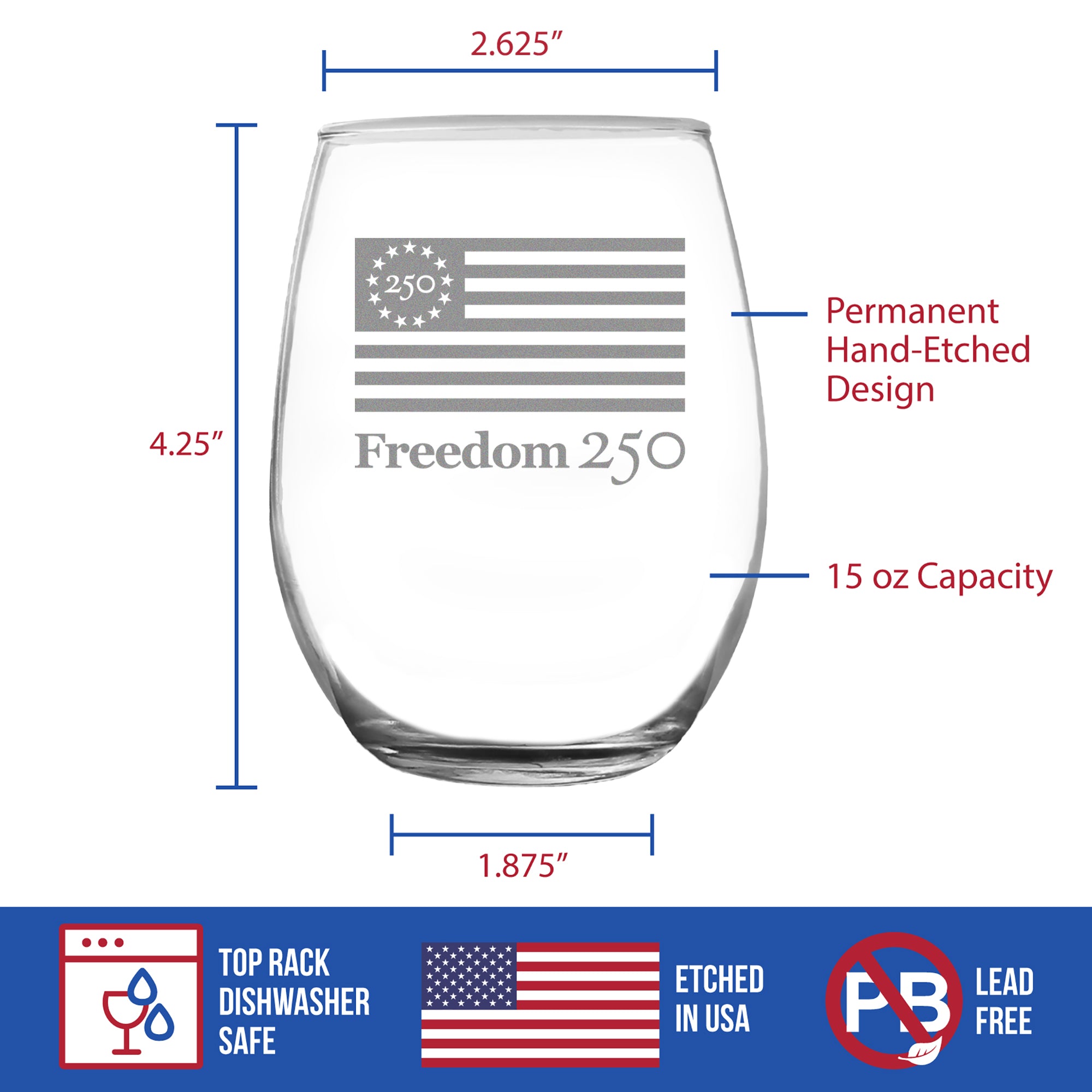 Freedom 250 Logo Engraved Stemless Wine Glass - 15 oz Official USA 250th Anniversary Merch