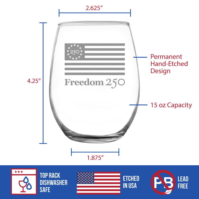 Freedom 250 Logo Engraved Stemless Wine Glass - 15 oz Official USA 250th Anniversary Merch