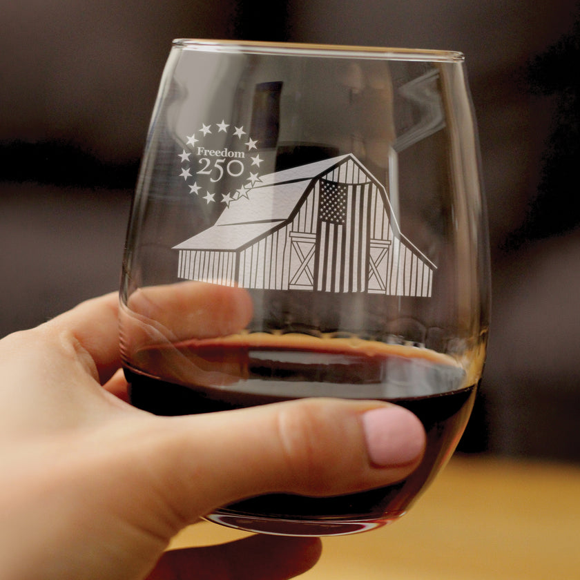 Freedom 250 Homestead Barn Engraved Stemless Wine Glass - 15 oz Official USA 250th Anniversary Merch
