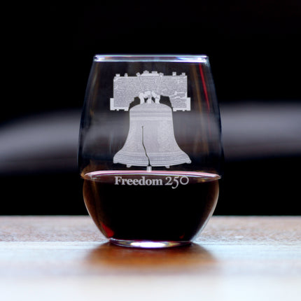 Freedom 250 Liberty Bell Engraved Stemless Wine Glass Official Merch for 250th Anniversary of the USA Wine Glasses - 15 oz