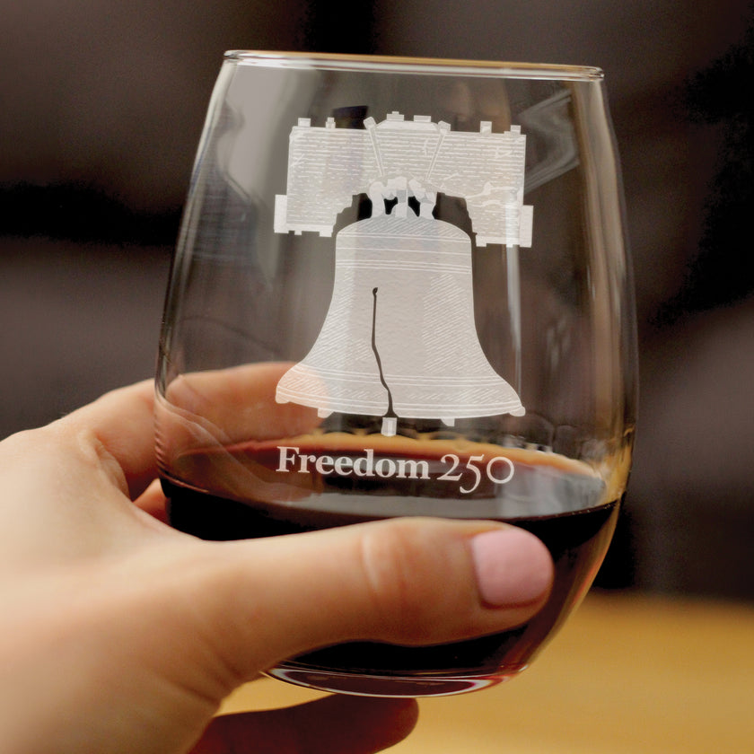 Freedom 250 Liberty Bell Engraved Stemless Wine Glass - 15 oz Official USA 250th Anniversary Merch