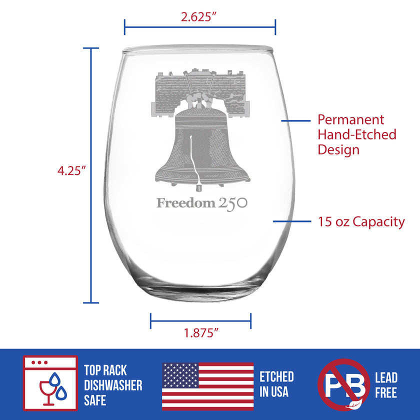Freedom 250 Liberty Bell Engraved Stemless Wine Glass - 15 oz Official USA 250th Anniversary Merch