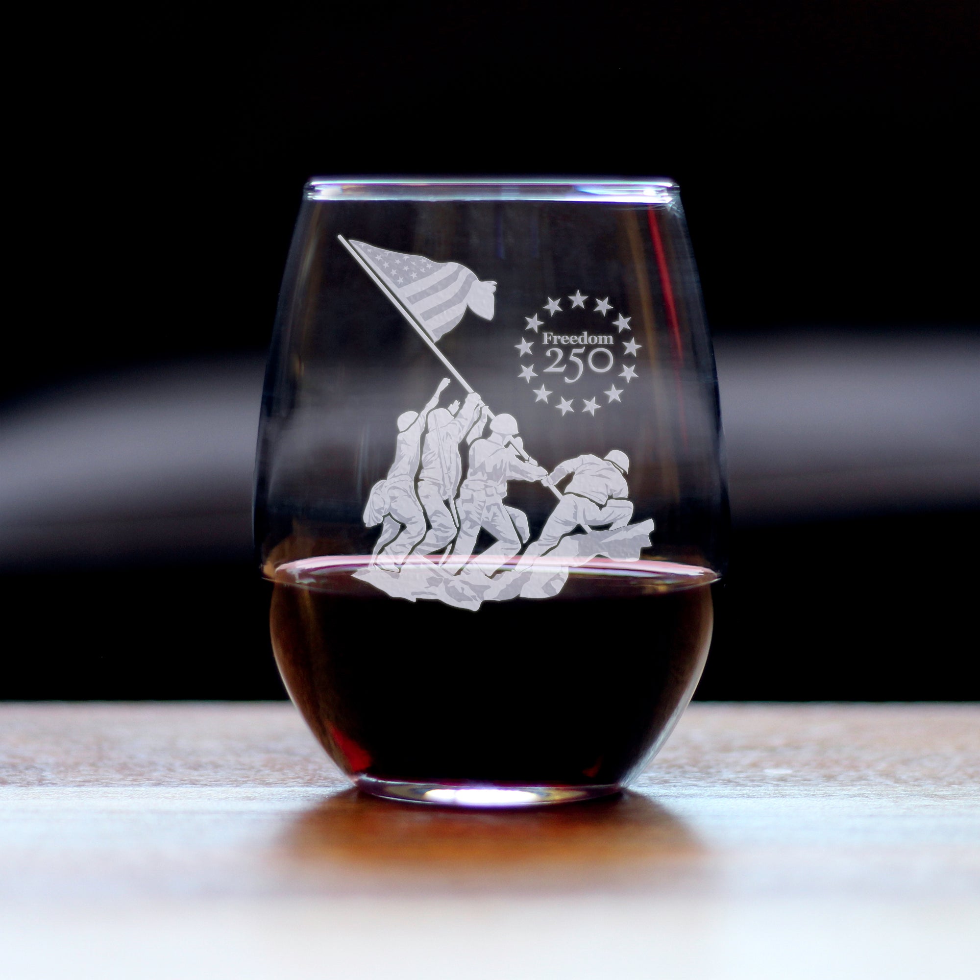 Freedom 250 Raising the Flag on Iwo Jima Engraved Stemless Wine Glass - 15 oz Official USA 250th Anniversary Merch