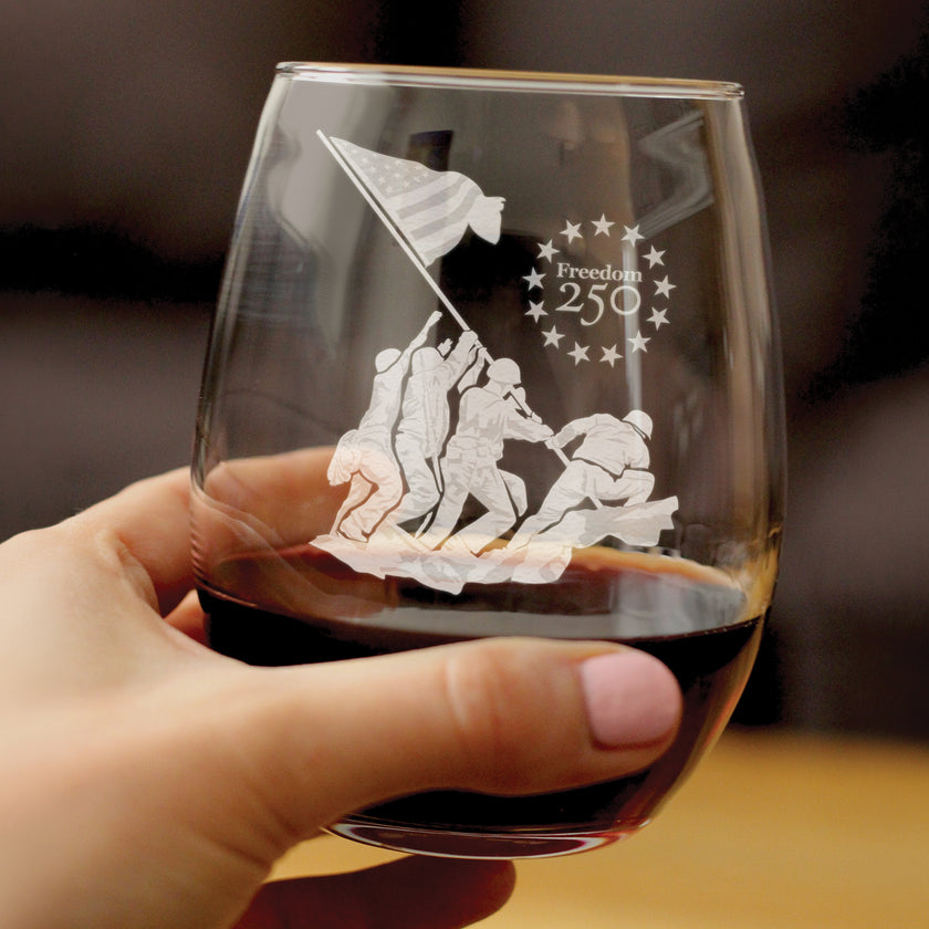 Freedom 250 Raising the Flag on Iwo Jima Engraved Stemless Wine Glass - 15 oz Official USA 250th Anniversary Merch
