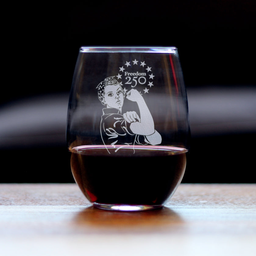 Freedom 250 Rosie the Riveter Engraved Stemless Wine Glass - 15 oz Official USA 250th Anniversary Merch