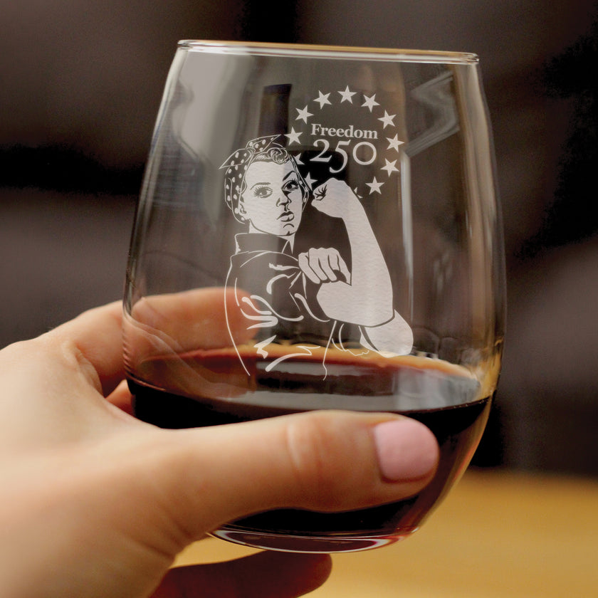 Freedom 250 Rosie the Riveter Engraved Stemless Wine Glass - 15 oz Official USA 250th Anniversary Merch