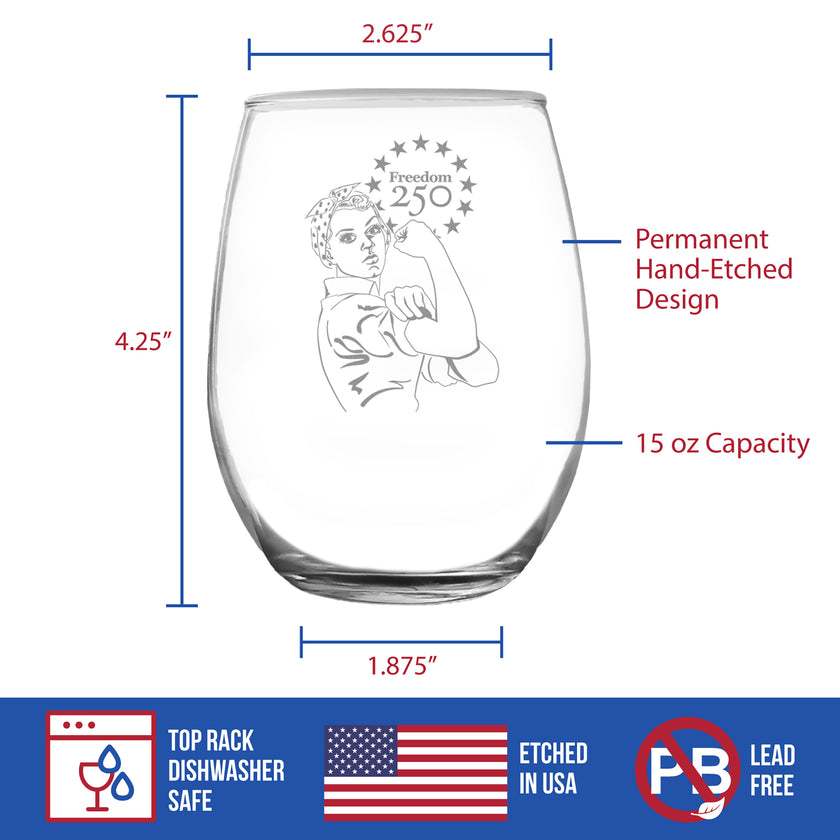 Freedom 250 Rosie the Riveter Engraved Stemless Wine Glass - 15 oz Official USA 250th Anniversary Merch