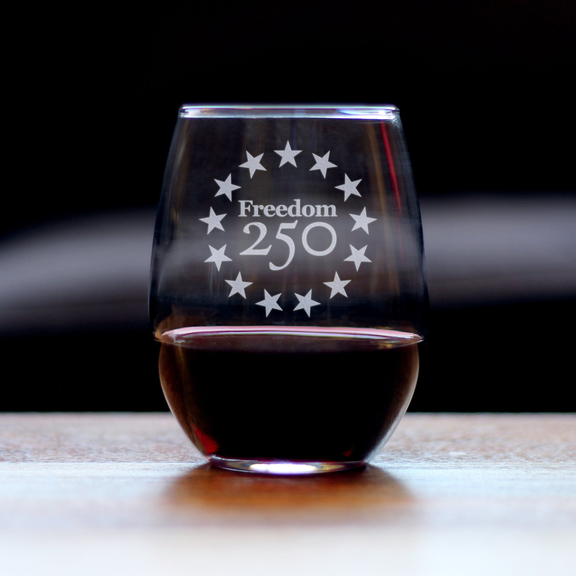 Freedom 250 Betsy Ross Logo Engraved Stemless Wine Glass - 15 oz Official USA 250th Anniversary Merch