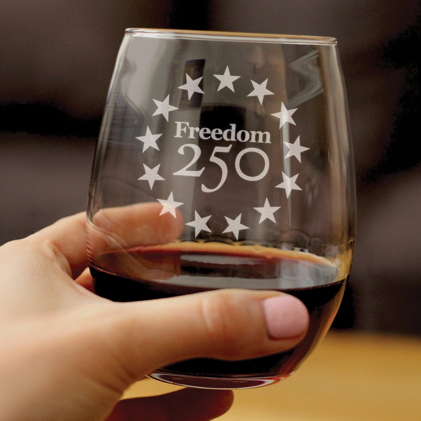 Freedom 250 Betsy Ross Logo Engraved Stemless Wine Glass - 15 oz Official USA 250th Anniversary Merch