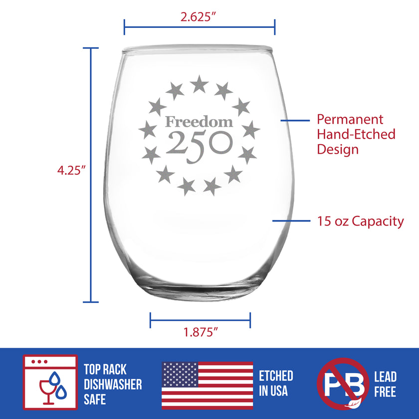 Freedom 250 Betsy Ross Logo Engraved Stemless Wine Glass - 15 oz Official USA 250th Anniversary Merch