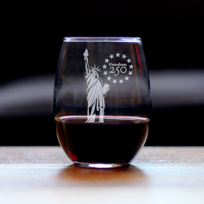 Freedom 250 Statue of Liberty Engraved Stemless Wine Glass - 15 oz Official USA 250th Anniversary Merch