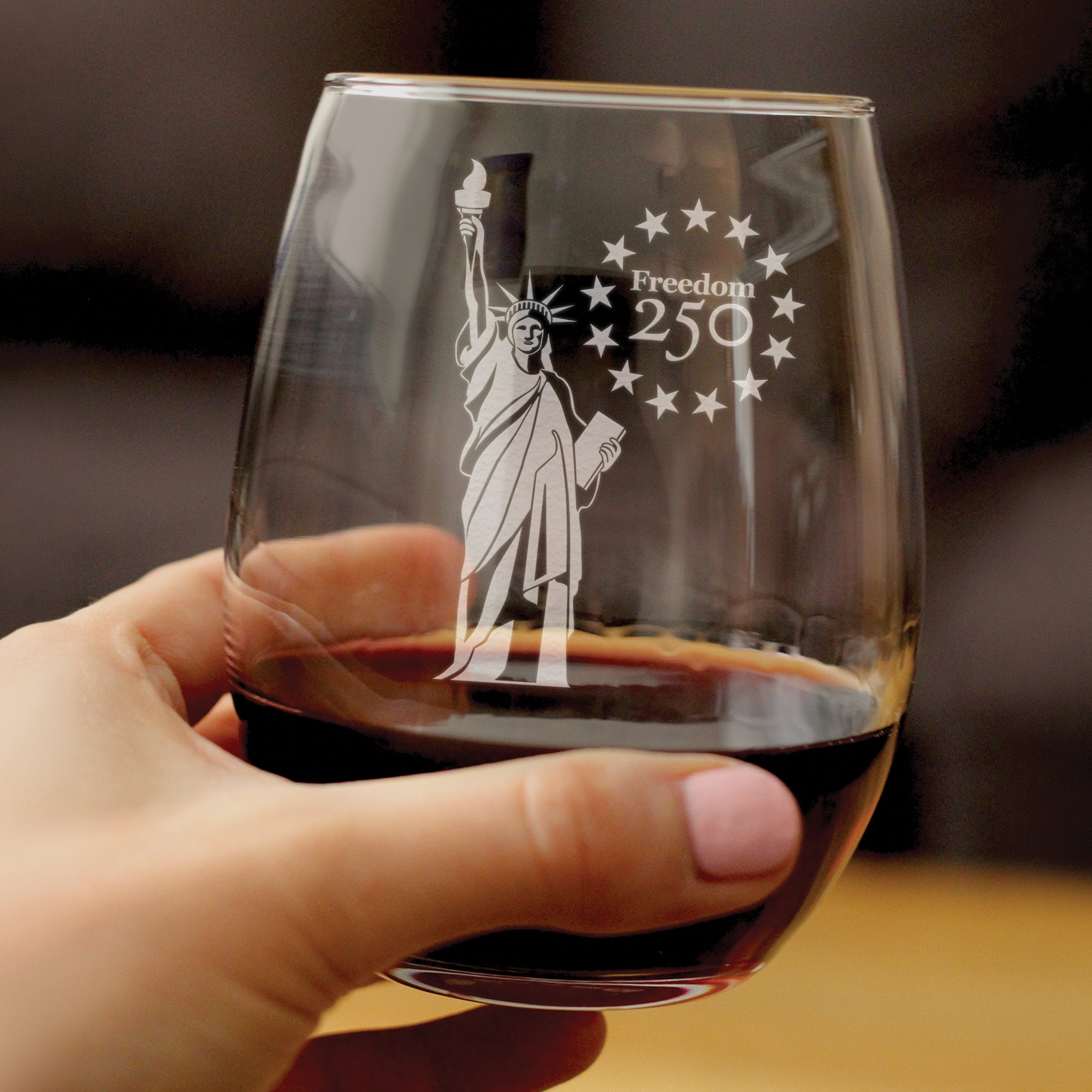 Freedom 250 Statue of Liberty Engraved Stemless Wine Glass - 15 oz Official USA 250th Anniversary Merch
