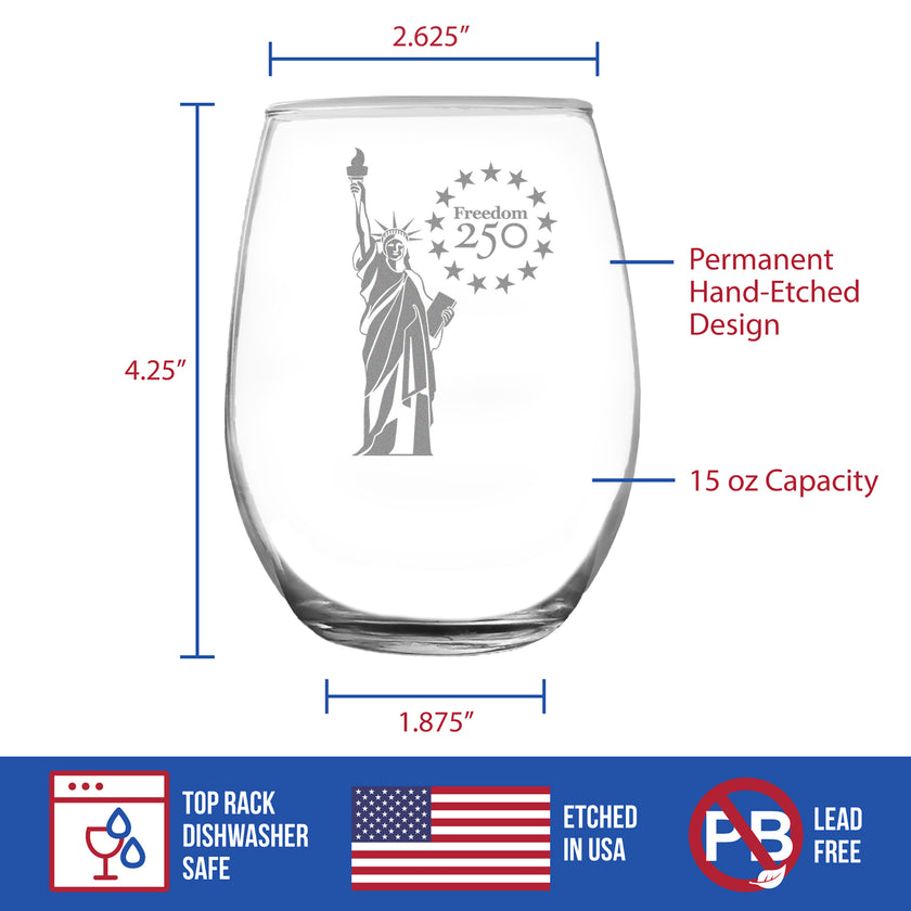 Freedom 250 Statue of Liberty Engraved Stemless Wine Glass - 15 oz Official USA 250th Anniversary Merch