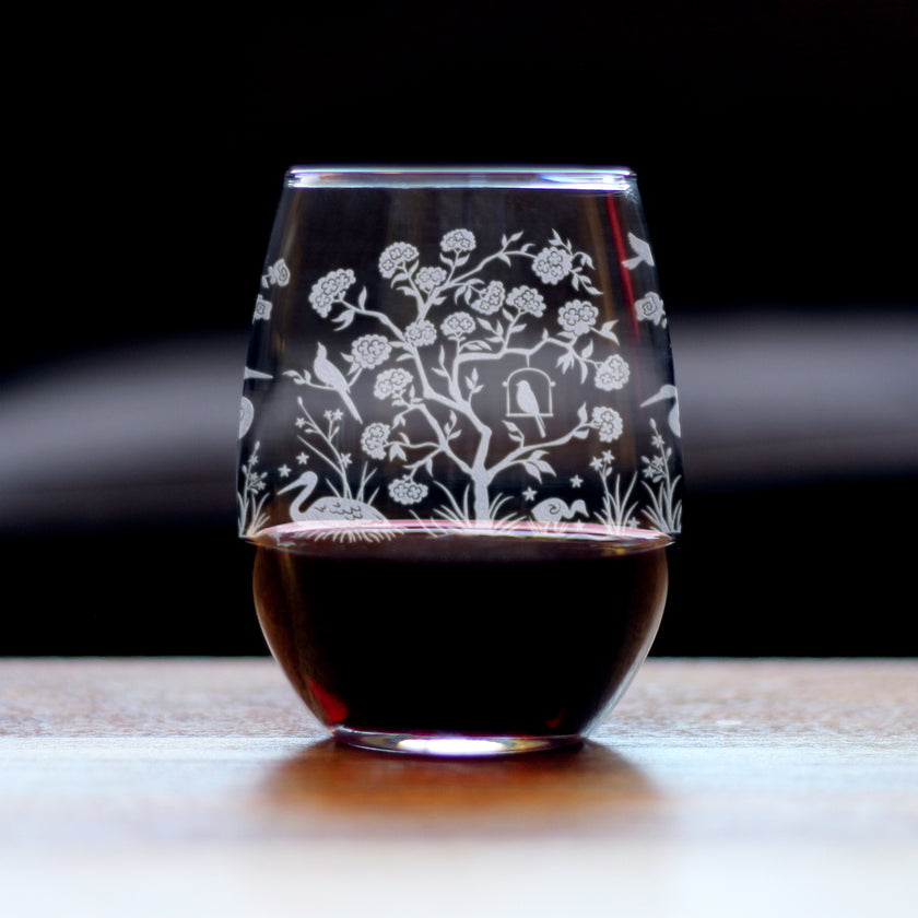 Chinoiserie Mural Pattern Engraved Stemless Wine Glass - Full Wrap - Multi-Layer Engraving - 17 oz & 15 oz