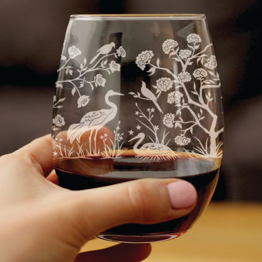 Chinoiserie Mural Pattern Engraved Stemless Wine Glass - Full Wrap - Multi-Layer Engraving - 17 oz & 15 oz