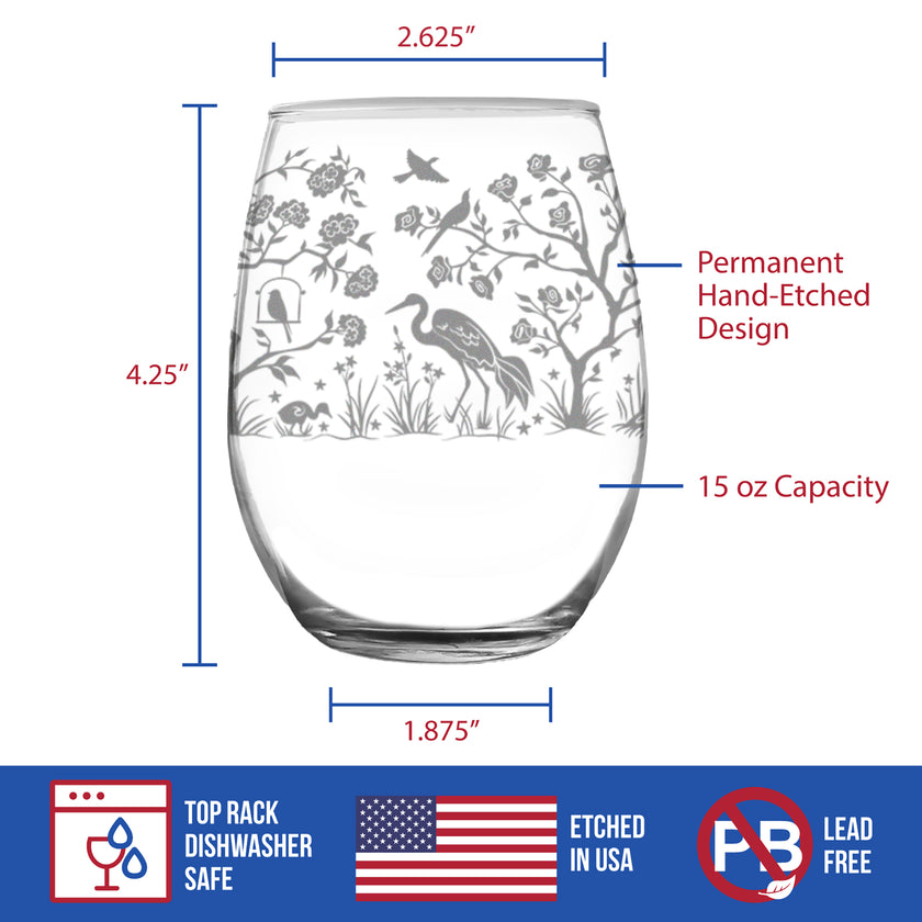 Chinoiserie Mural Pattern Engraved Stemless Wine Glass - Full Wrap - Multi-Layer Engraving - 17 oz & 15 oz