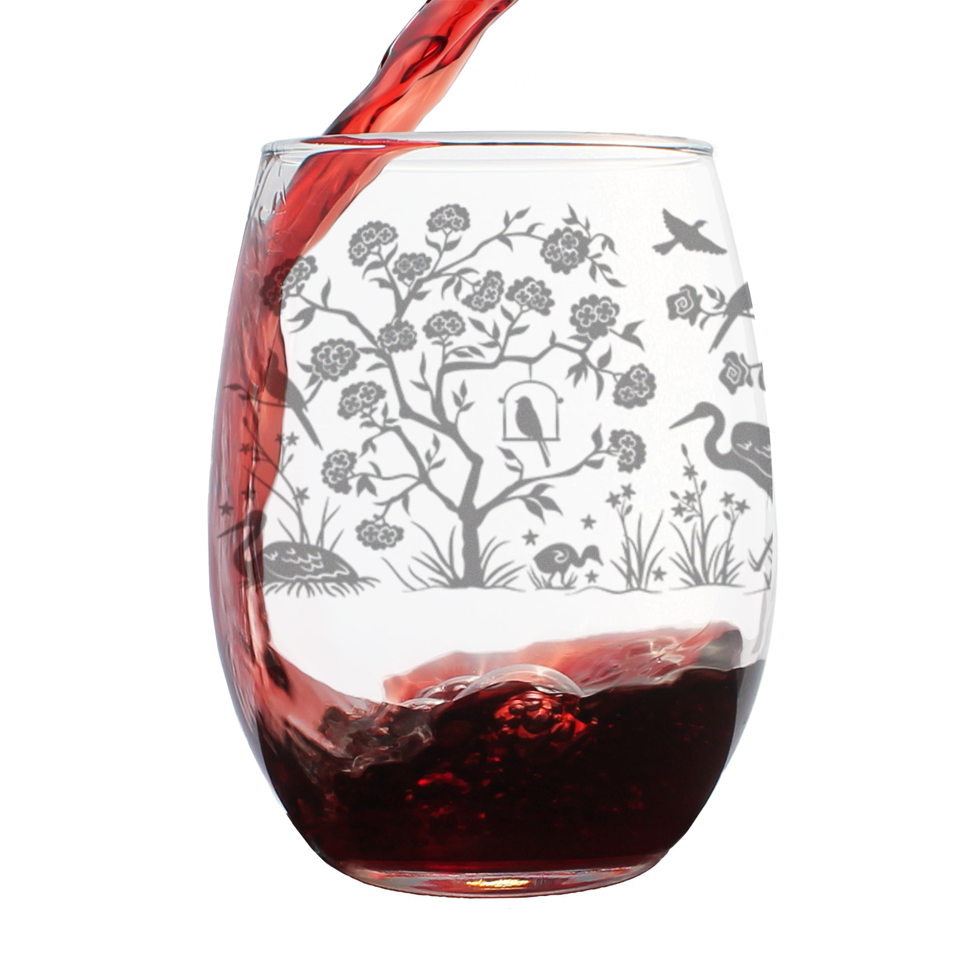 Chinoiserie Mural Pattern Engraved Stemless Wine Glass - Full Wrap - Multi-Layer Engraving - 17 oz & 15 oz