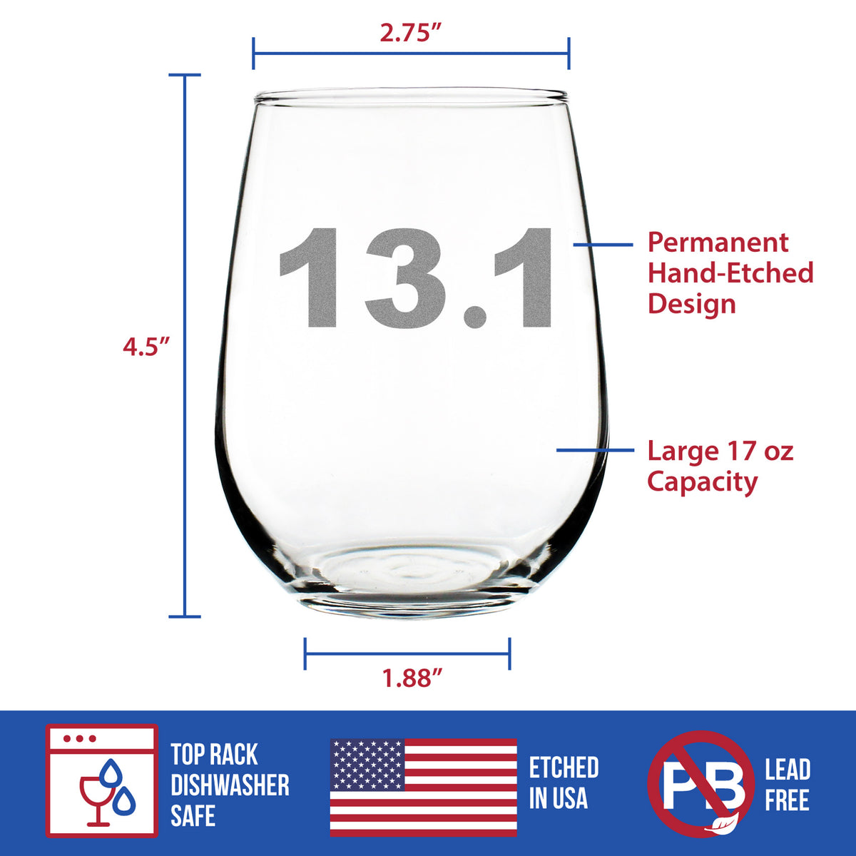 13.1 Half Marathon Stemless Wine Glass - Gifts for Half Marathon Runners - Large 17 Ounce Glasses