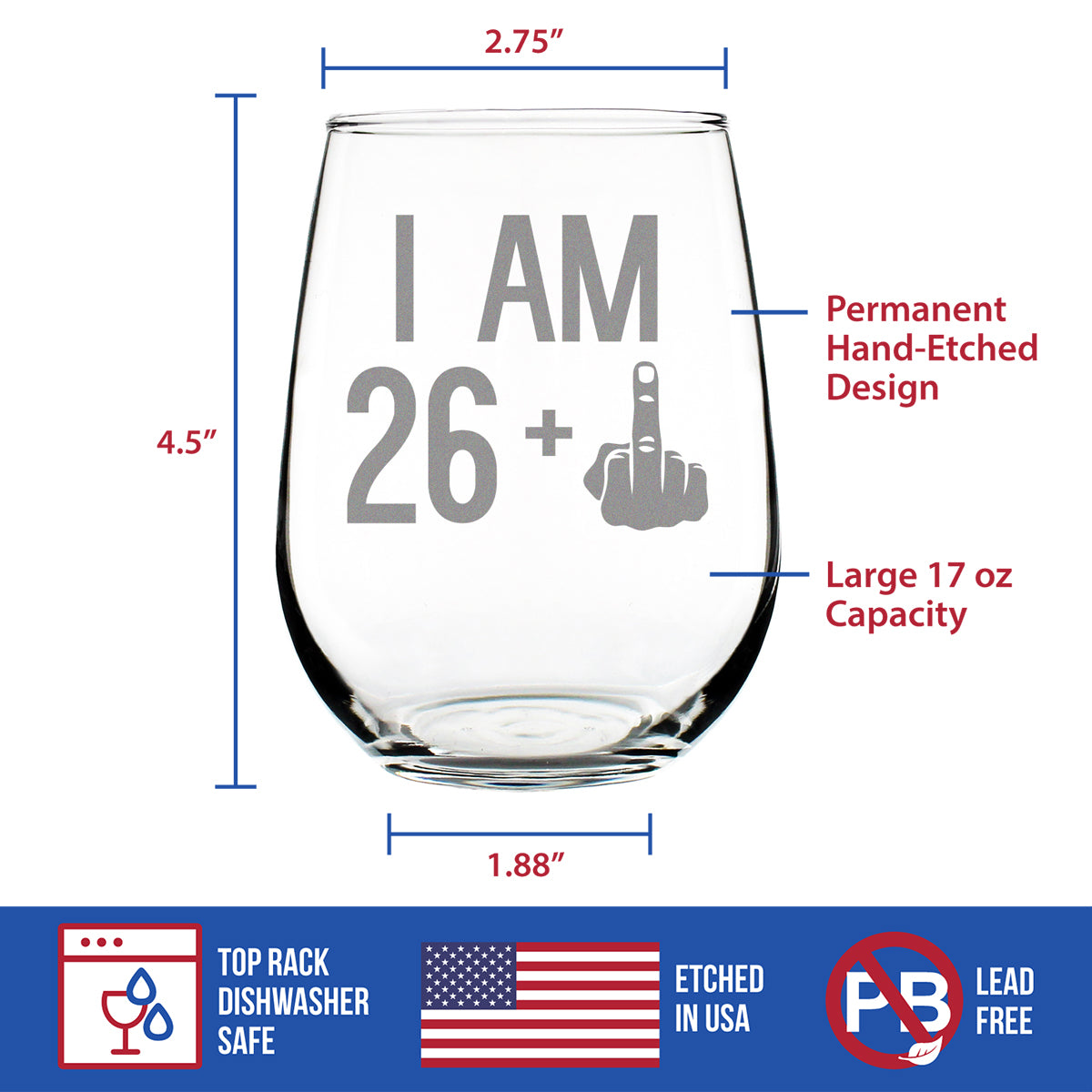 26 + 1 Middle Finger Funny Stemless Wine Glass, Large 17 Ounce Size, Etched Sayings, 27th Birthday Gift for Women Turning 27