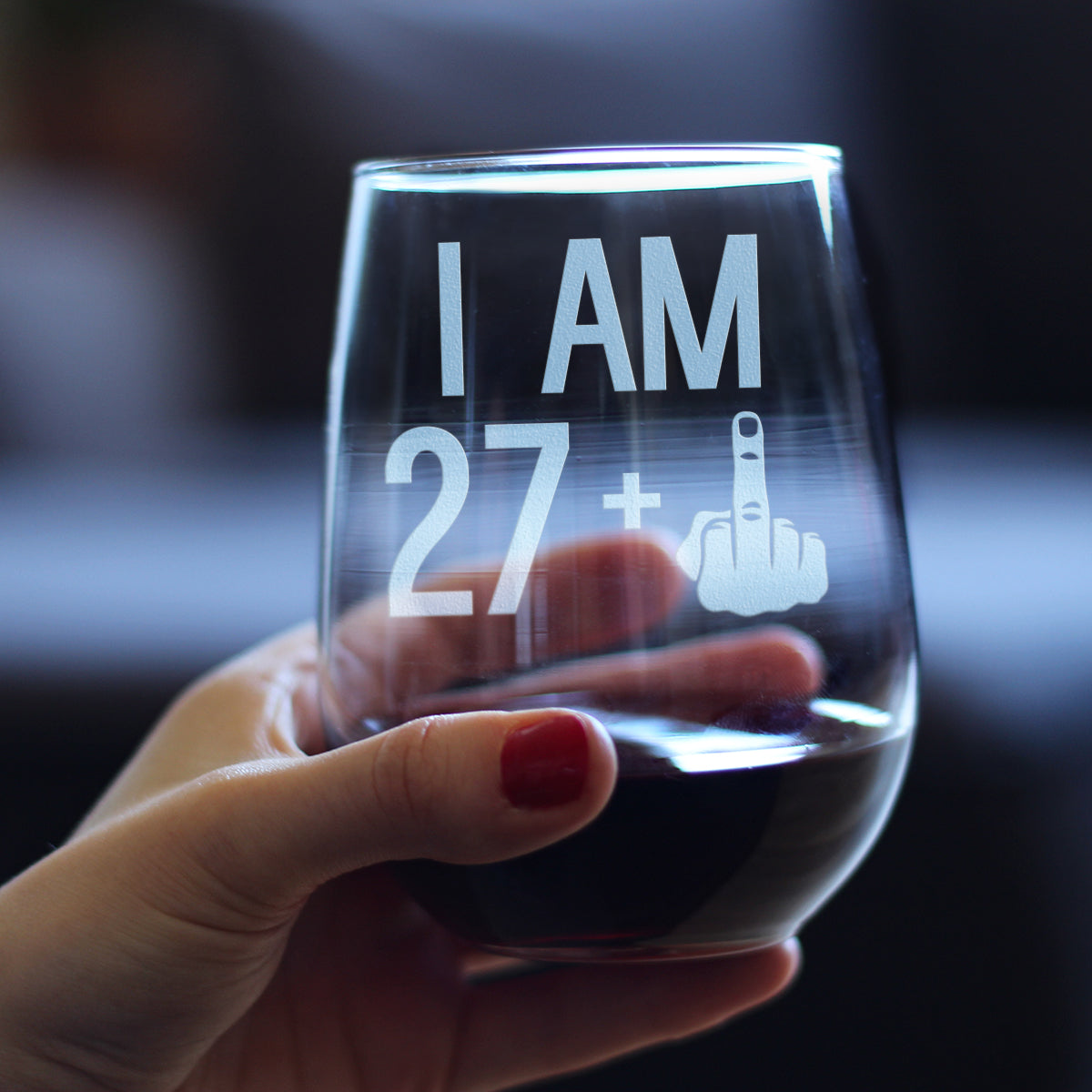 27 + 1 Middle Finger Funny Stemless Wine Glass, Large 17 Ounce Size, Etched Sayings, 28th Birthday Gift for Women Turning 28