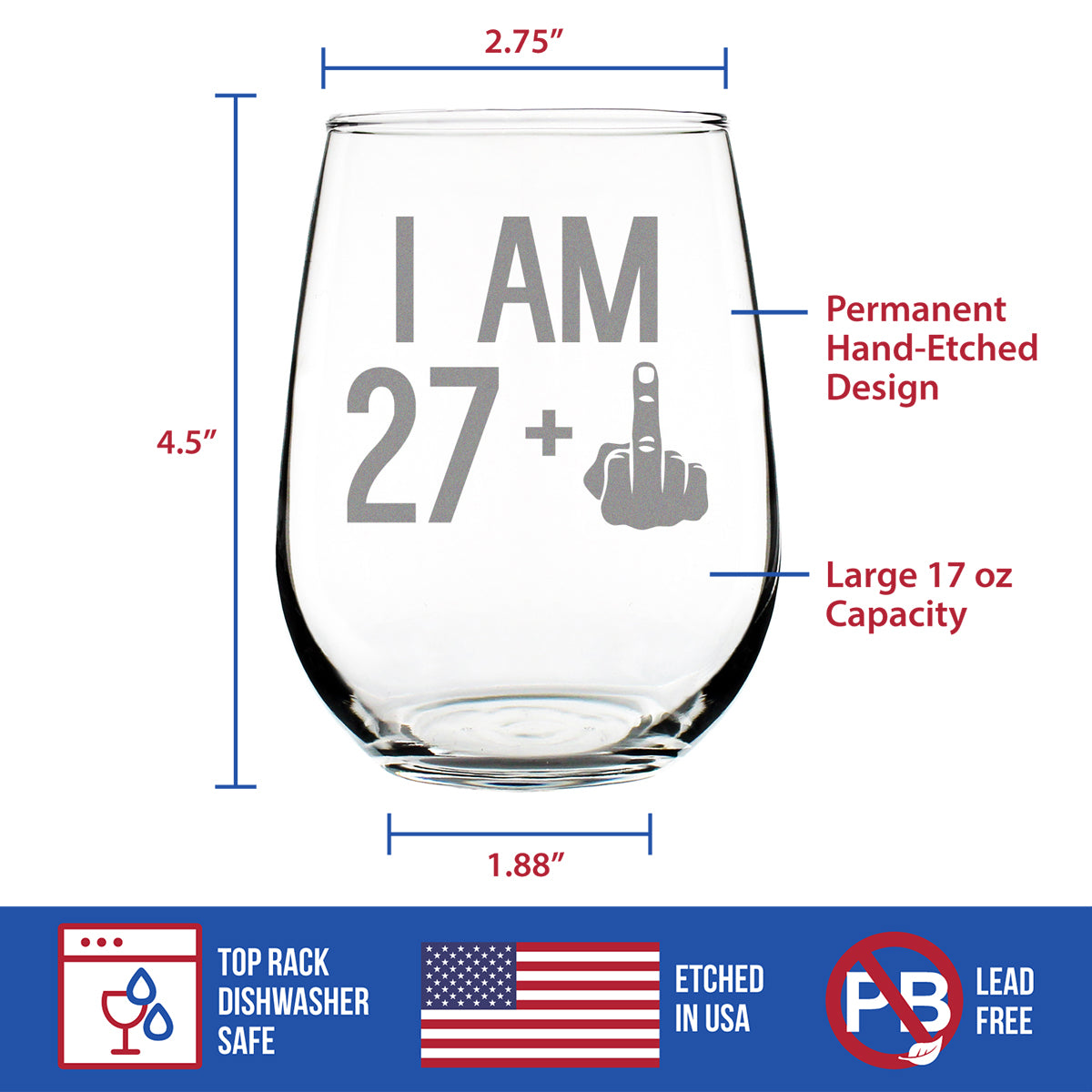 27 + 1 Middle Finger Funny Stemless Wine Glass, Large 17 Ounce Size, Etched Sayings, 28th Birthday Gift for Women Turning 28