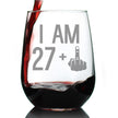 27 + 1 Middle Finger Funny Stemless Wine Glass, Large 17 Ounce Size, Etched Sayings, 28th Birthday Gift for Women Turning 28