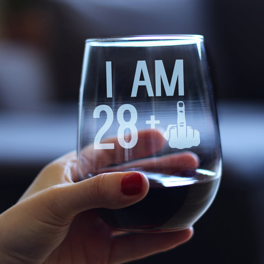 28 + 1 Middle Finger - 29th Birthday Stemless Wine Glass for Women & Men - Cute Funny Wine Gift Idea - Unique Personalized Bday Glasses for Best Friend Turning 29 - Drinking Party Decoration