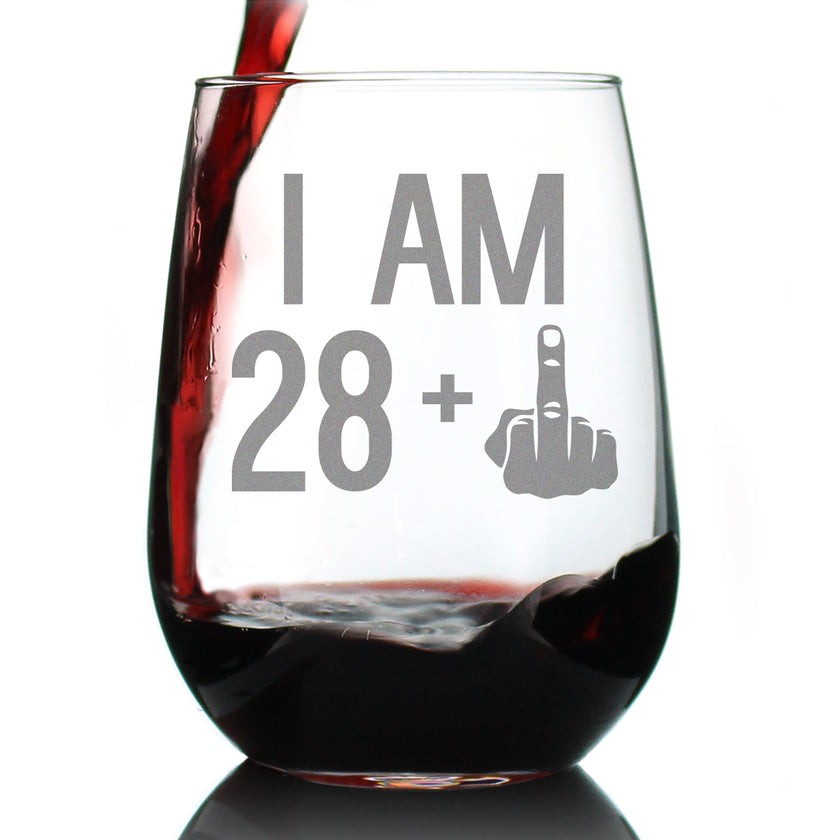 28 + 1 Middle Finger - 29th Birthday Stemless Wine Glass for Women & Men - Cute Funny Wine Gift Idea - Unique Personalized Bday Glasses for Best Friend Turning 29 - Drinking Party Decoration