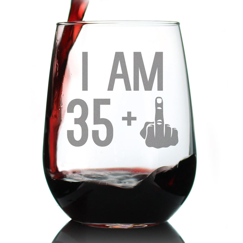 35 + 1 Middle Finger - 36th Birthday Stemless Wine Glass for Women & Men - Cute Funny Wine Gift Idea - Unique Personalized Bday Glasses for Mom, Dad, Friend Turning 36 - Drinking Party Decoration
