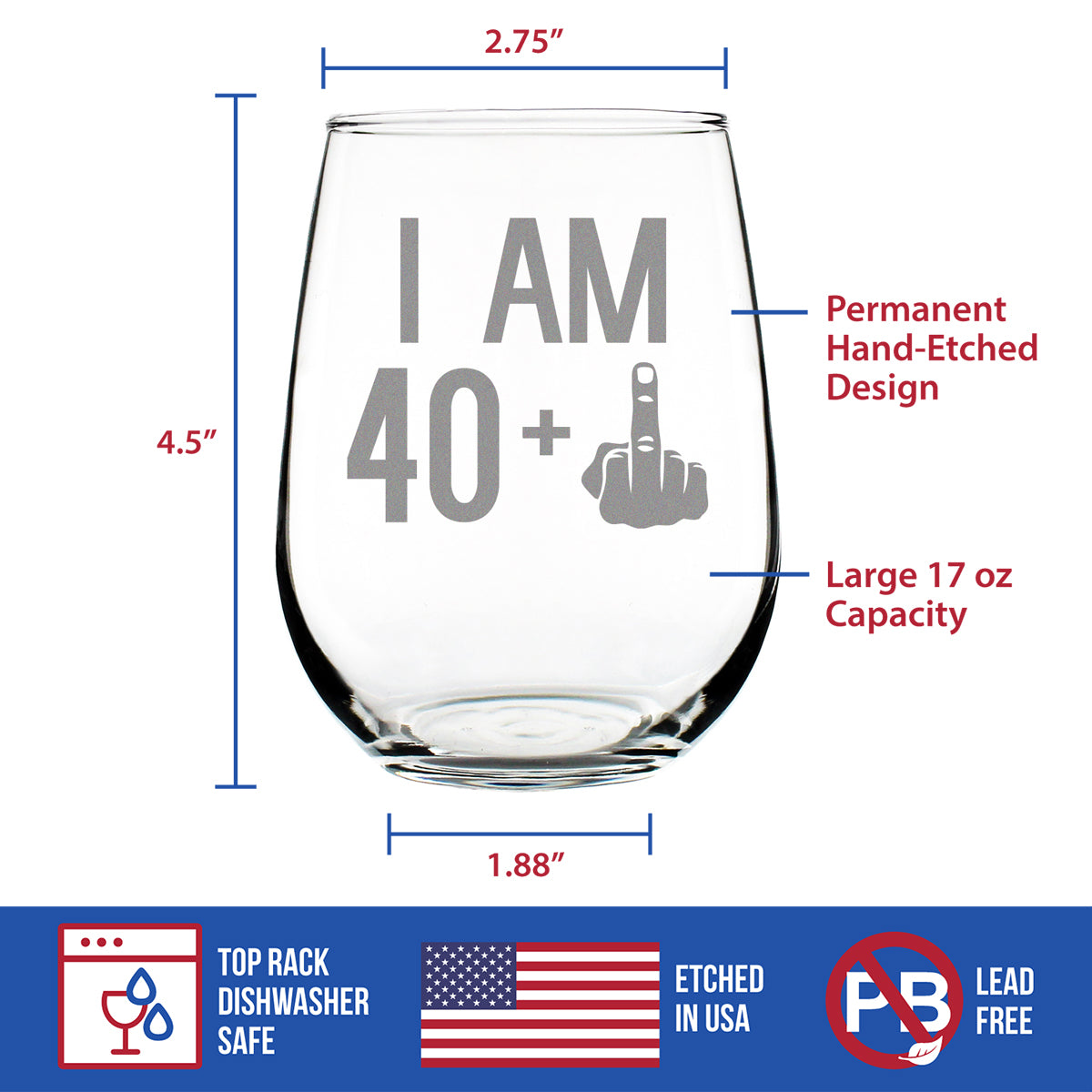 40 + 1 Middle Finger - 41st Birthday Funny Stemless Wine Glass