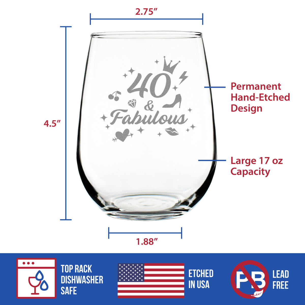 40 And Fabulous - Stemless Wine Glass Gift - Funny 40th Birthday Gifts for Women Turning 40 - Large 17 Ounce