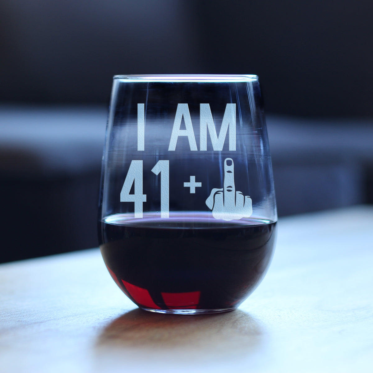 41 + 1 Middle Finger - 42nd Birthday Stemless Wine Glass - Funny Glass for Men and Women Turning 42 - Large Size Wine Glass