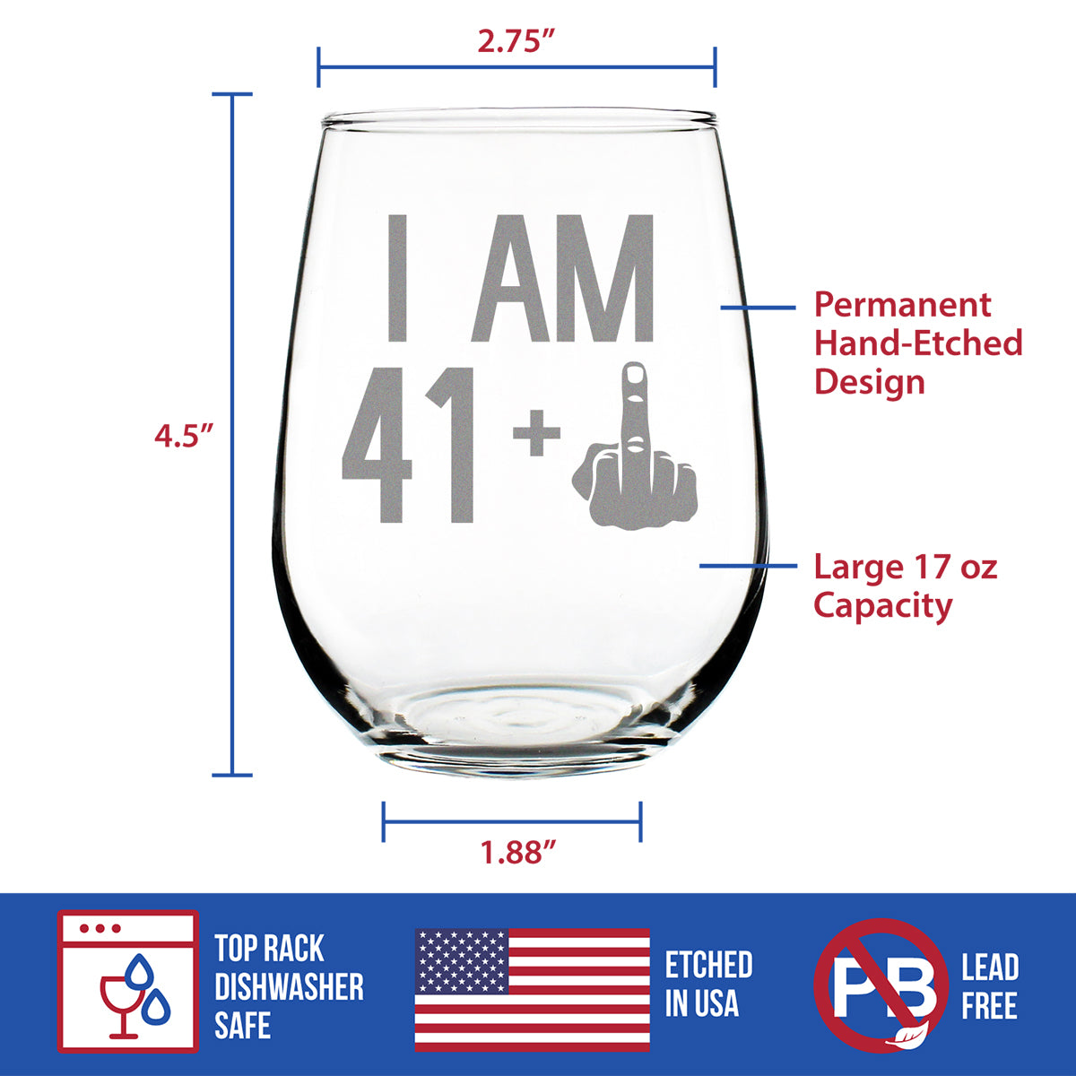 41 + 1 Middle Finger - 42nd Birthday Stemless Wine Glass - Funny Glass for Men and Women Turning 42 - Large Size Wine Glass