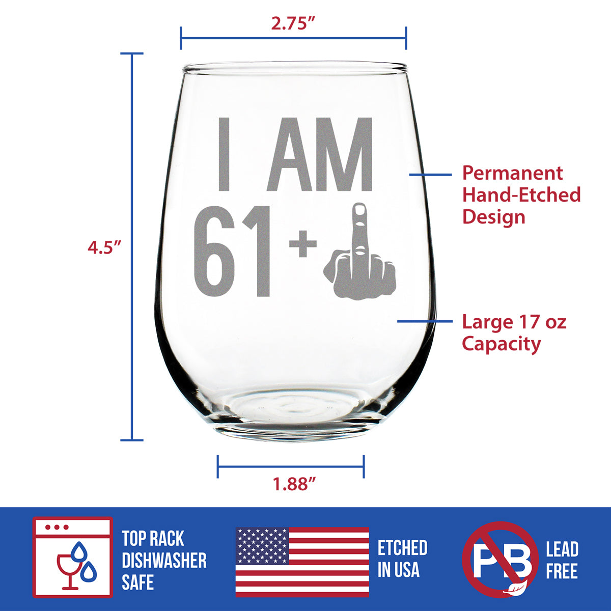 61 + 1 Middle Finger - 62nd Birthday Stemless Wine Glass for Women &amp; Men - Cute Funny Wine Gift Idea - Unique Personalized Bday Glasses for Best Friend Turning 62 - Drinking Party Decoration