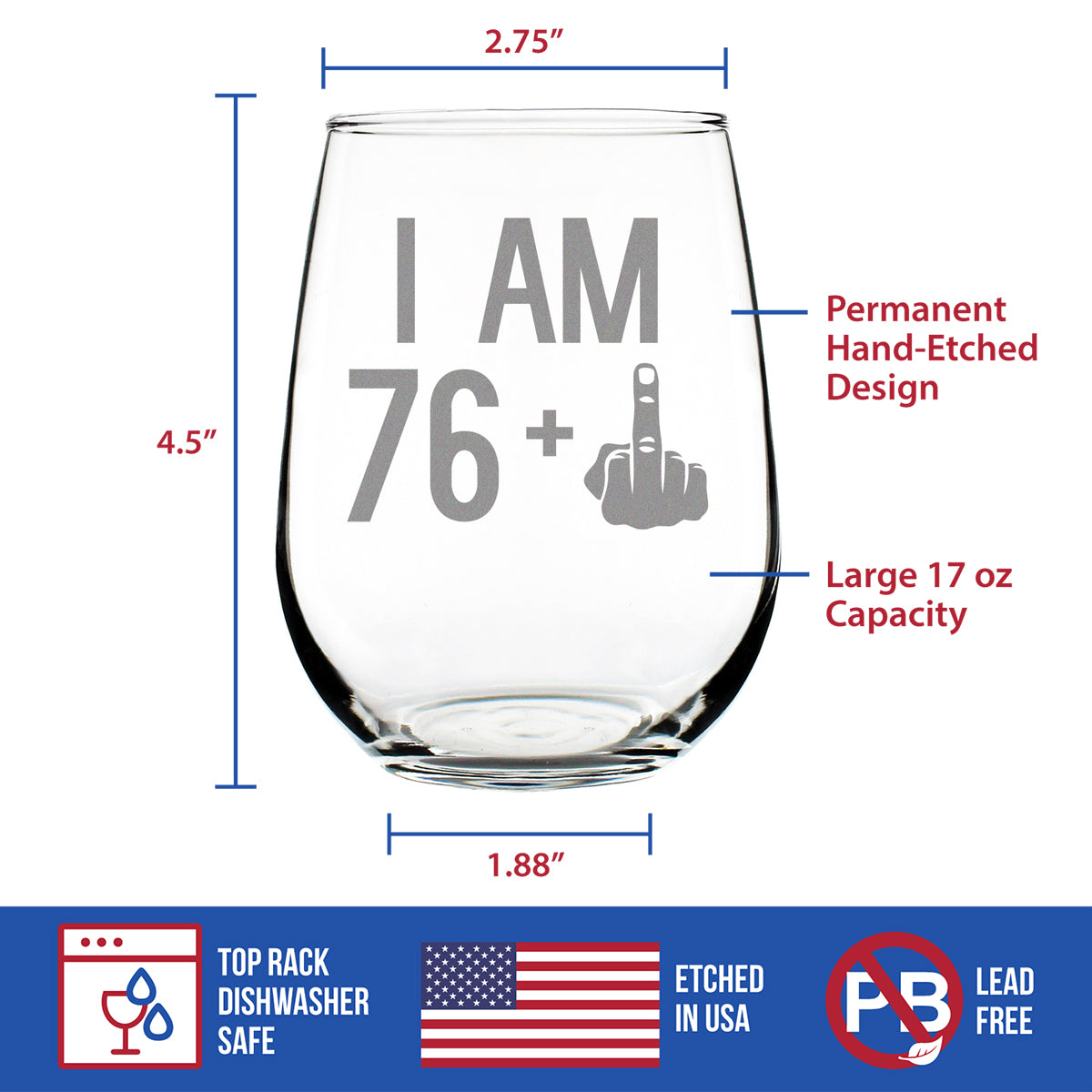 76 + 1 Middle Finger - 77th Birthday Stemless Wine Glass for Women &amp; Men - Cute Funny Wine Gift Idea - Unique Personalized Bday Glasses for Mom, Dad, Friend Turning 77 - Drinking Party Decoration