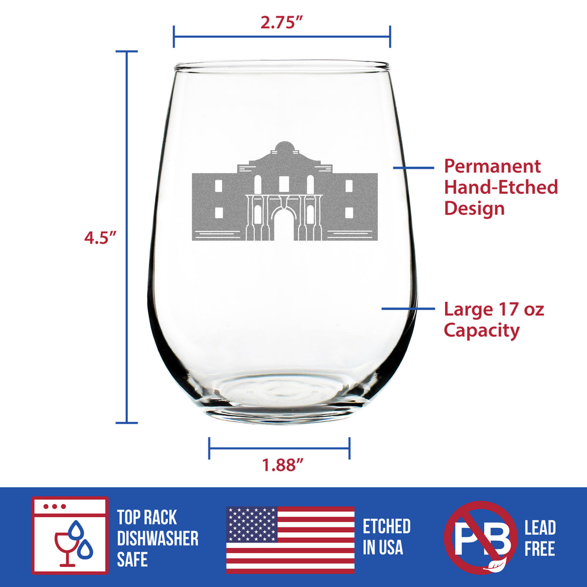 The Alamo Stemless Wine Glass - State of Texas Gifts and Souvenirs for Texans - Large 17 Ounce Glasses