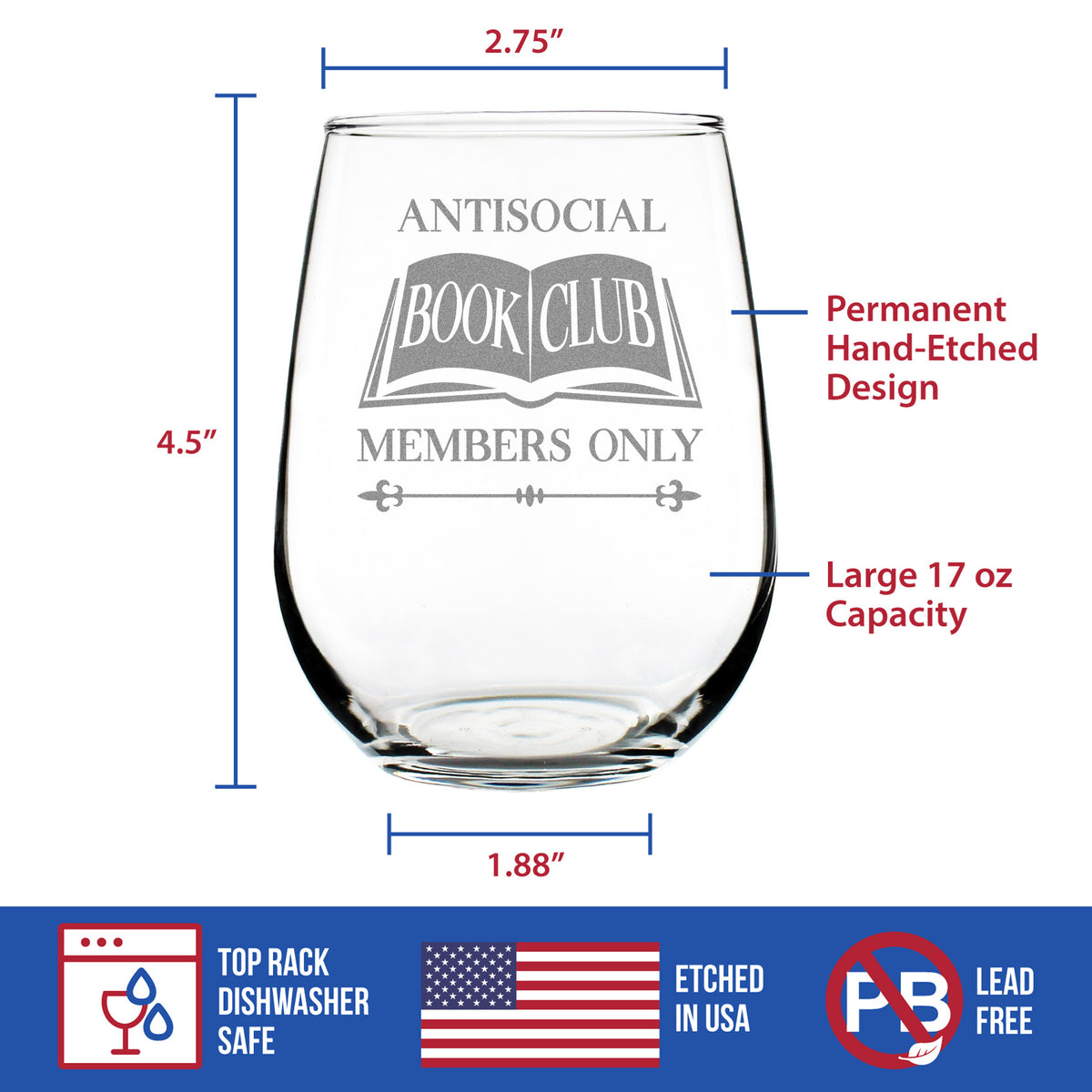 Antisocial Book Club Engraved Stemless Wine Glass Funny Gifts for Introverts and Book Club Large Wine Glasses - 17 oz