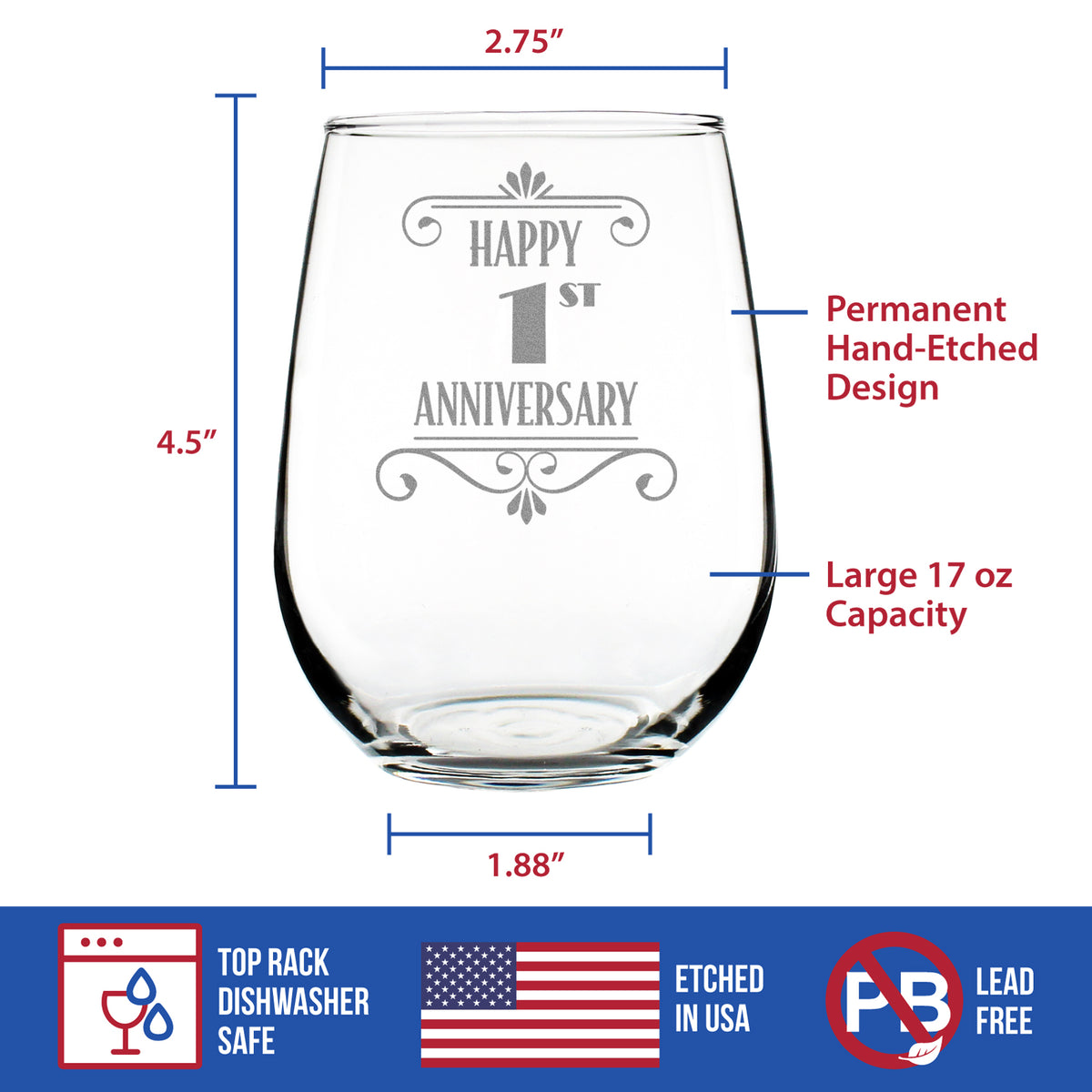 Happy 1st Anniversary Engraved Stemless Wine Glass Gifts 1 Year Anniversary Art Deco Party Decor Large Wine Glasses - 17 oz