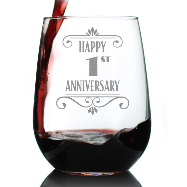 Happy 1st Anniversary Engraved Stemless Wine Glass Gifts 1 Year Anniversary Art Deco Party Decor Large Wine Glasses - 17 oz