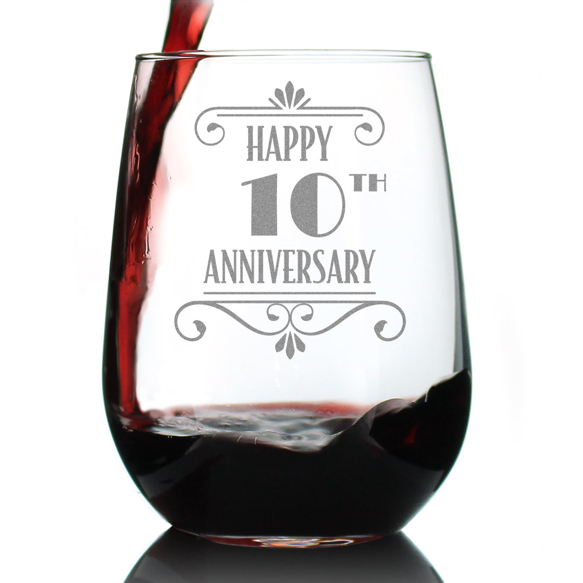 Happy 10th Anniversary Engraved Stemless Wine Glass Gifts 10 Year Anniversary Art Deco Party Decor Large Wine Glasses - 17 oz