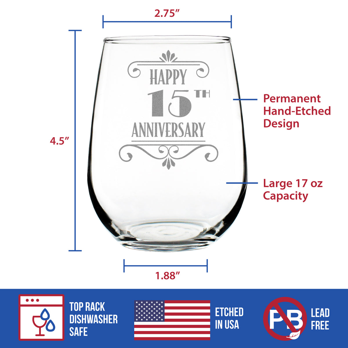 Happy 15th Anniversary Engraved Stemless Wine Glass Gifts 15 Year Anniversary Art Deco Party Decor Large Wine Glasses - 17 oz