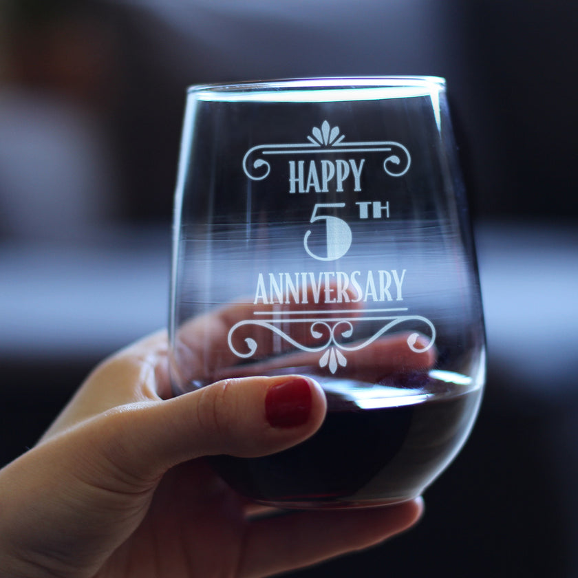 Happy 5th Anniversary Engraved Stemless Wine Glass Gifts 5 Year Anniversary Art Deco Party Decor Large Wine Glasses - 17 oz