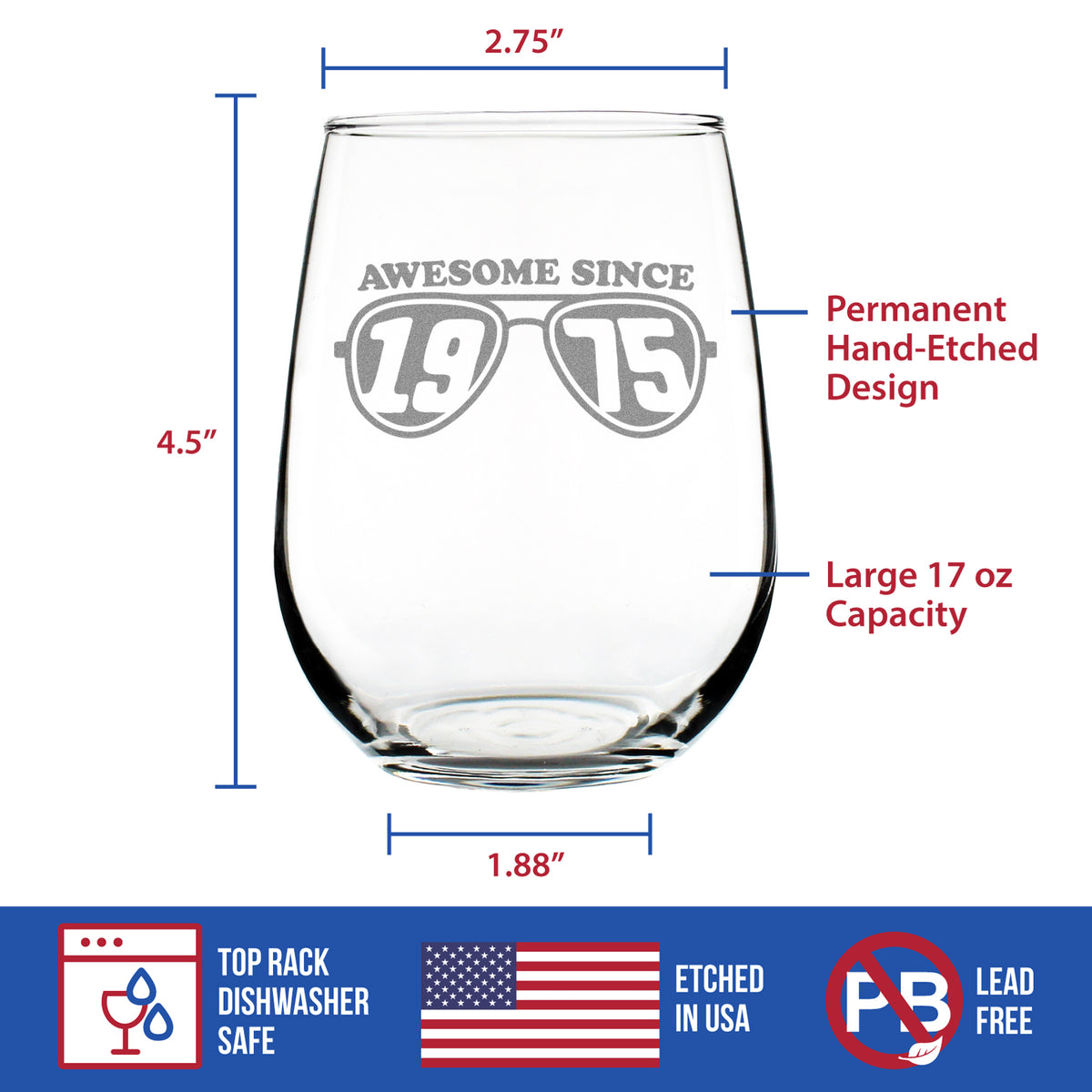 Awesome Since 1975 Engraved Stemless Wine Glass Gifts 50th Birthday Gift Ideas Large Wine Glasses - 17 oz