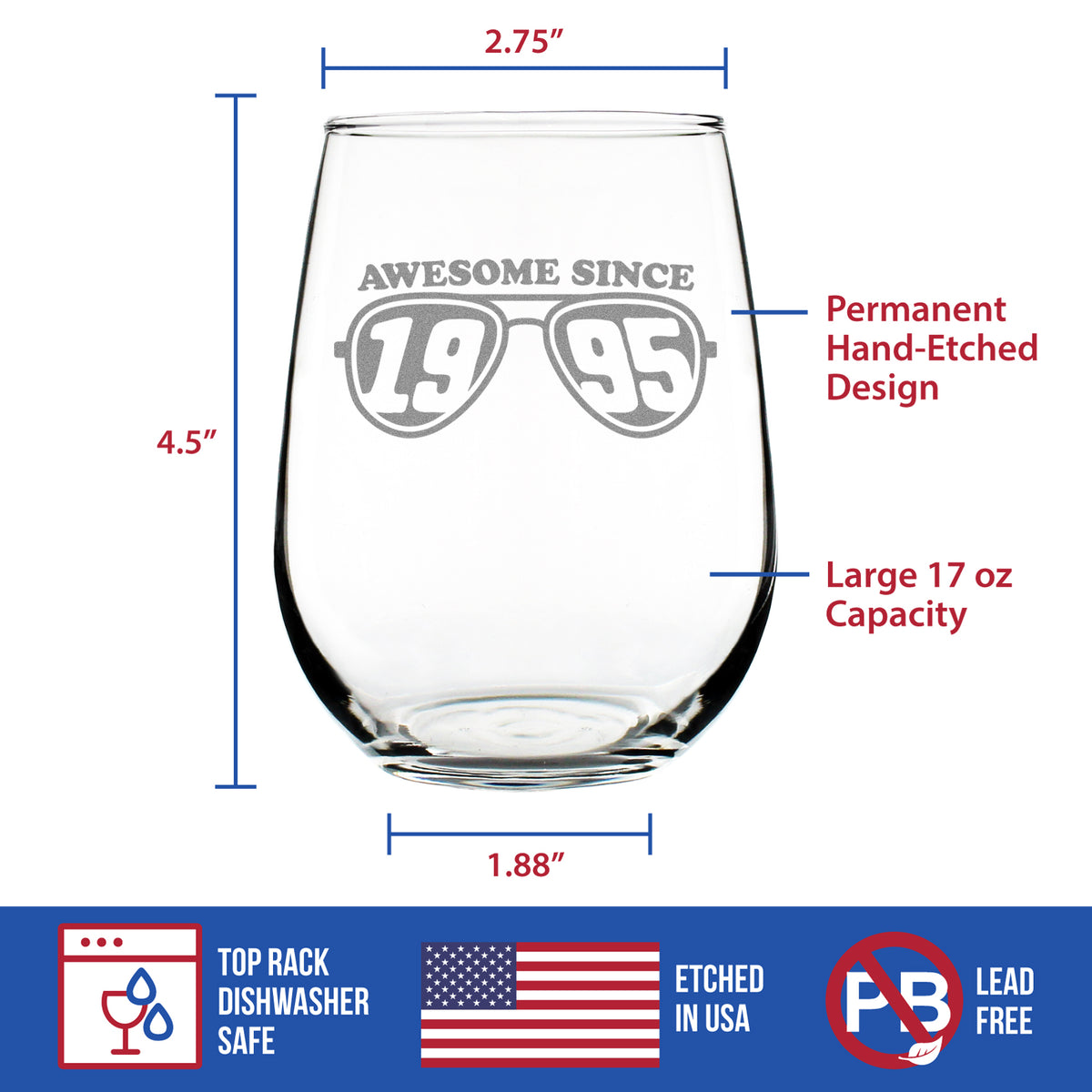 Awesome Since 1995 Engraved Stemless Wine Glass Gifts 30th Birthday Gift Ideas Large Wine Glasses - 17 oz