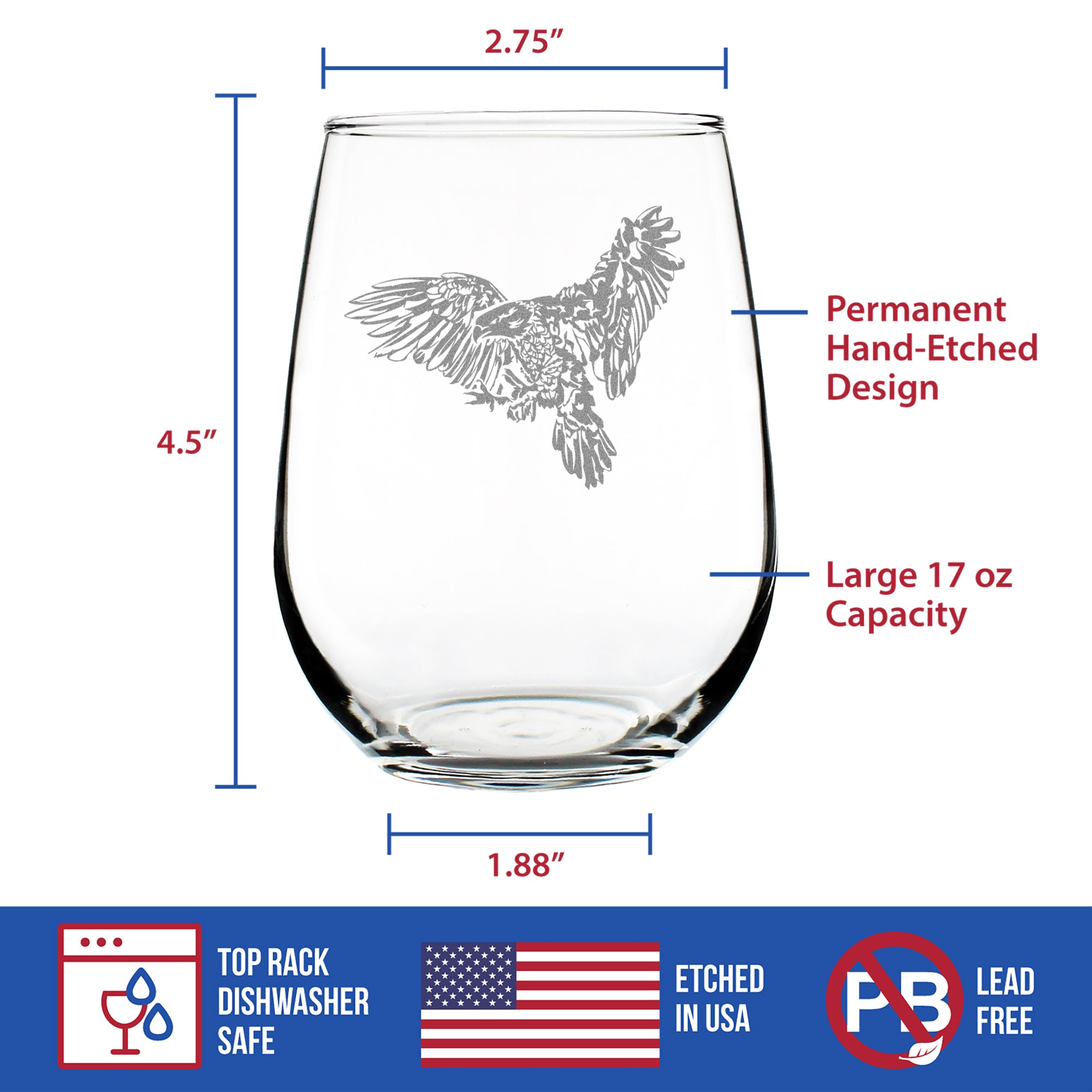 Bald Eagle - Engraved Stemless Wine Glass Patriotic American Decorations and Gifts Large Wine Glasses - 17 oz