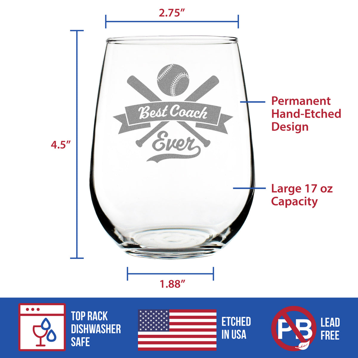 Baseball Gifts for Coaches - Engraved Stemless Wine Glass - Best Coach Ever - Large Wine Glasses - 17 oz