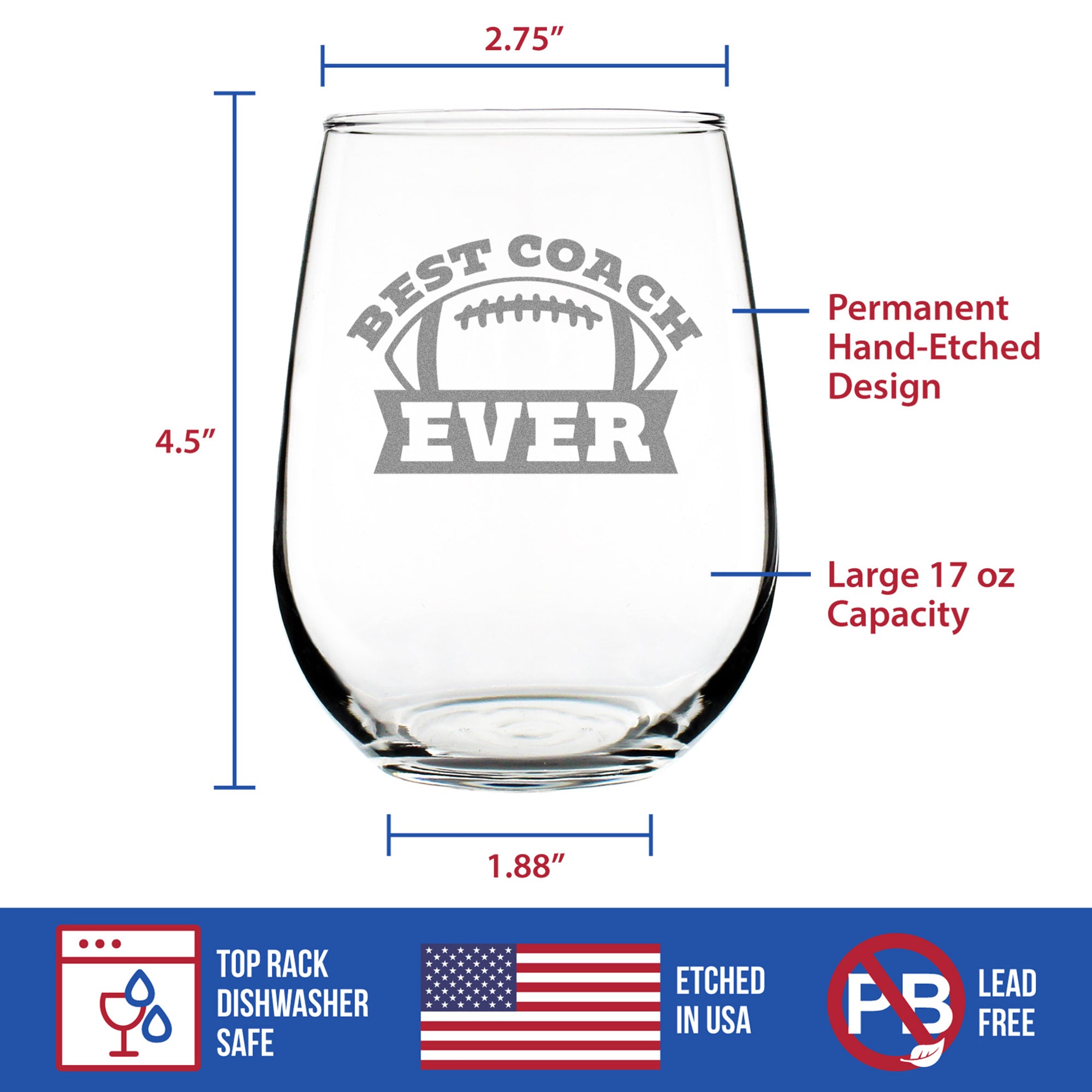 Coach Gifts for Football Coaches - Engraved Stemless Wine Glass - Best Coach Ever - Large Wine Glasses - 17 oz