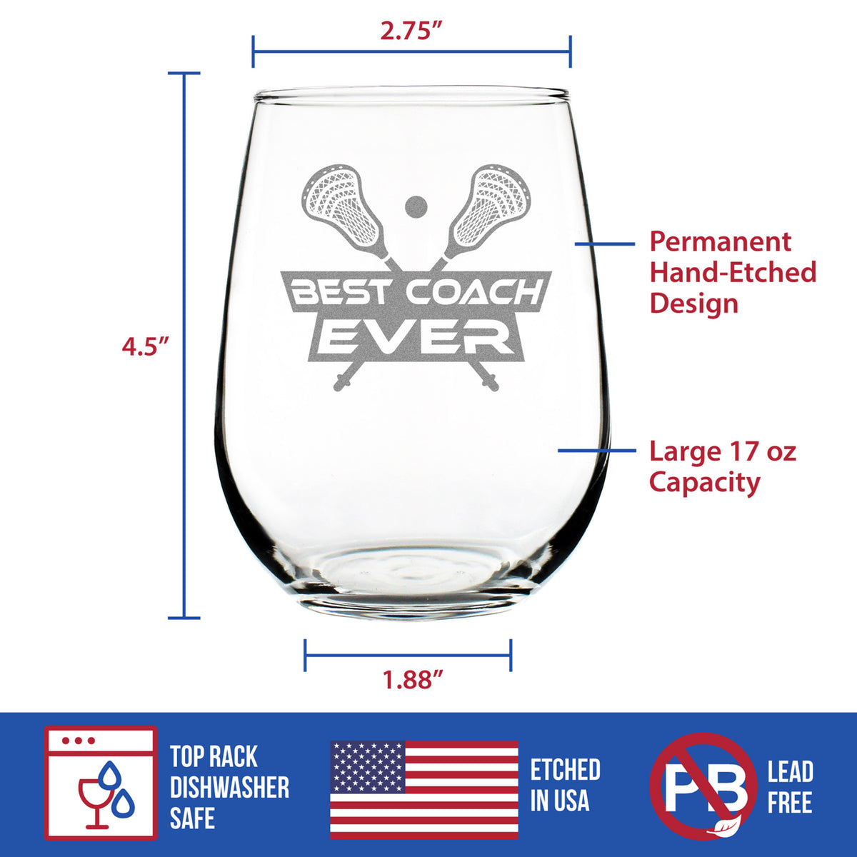 Lacrosse Coach Gifts for Coaches - Engraved Stemless Wine Glass - Best Coach Ever - Large Wine Glasses - 17 oz